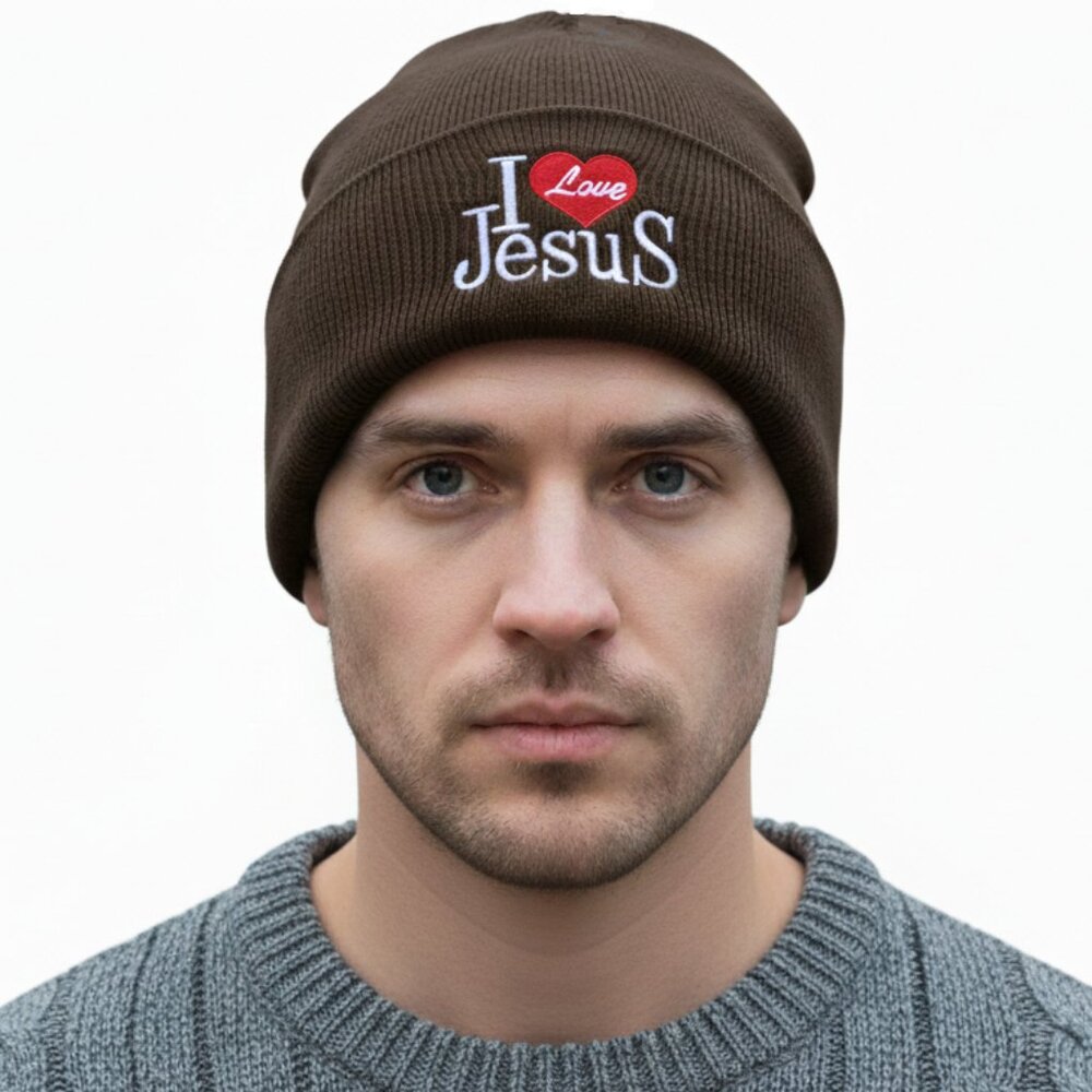 "I Love Jesus" Winter Fleece-Lined Hat, Brown - Picture 2 of 4